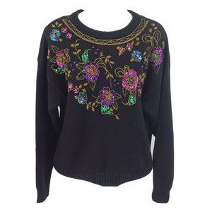 Vintage Trimmings Womens Sz Large Sweater 80s Black Floral Glam Sequined Beaded